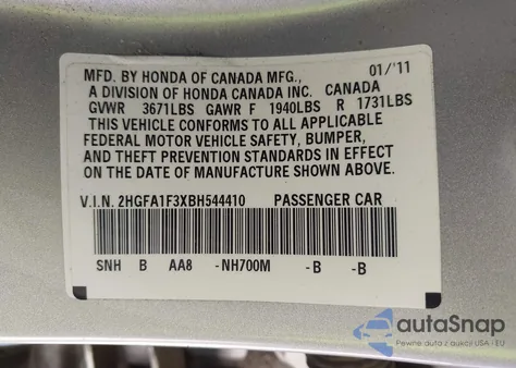 2011 Honda Civic Vp z USA, uszkodzony, nr VIN 2HGFA1F3XBH544410